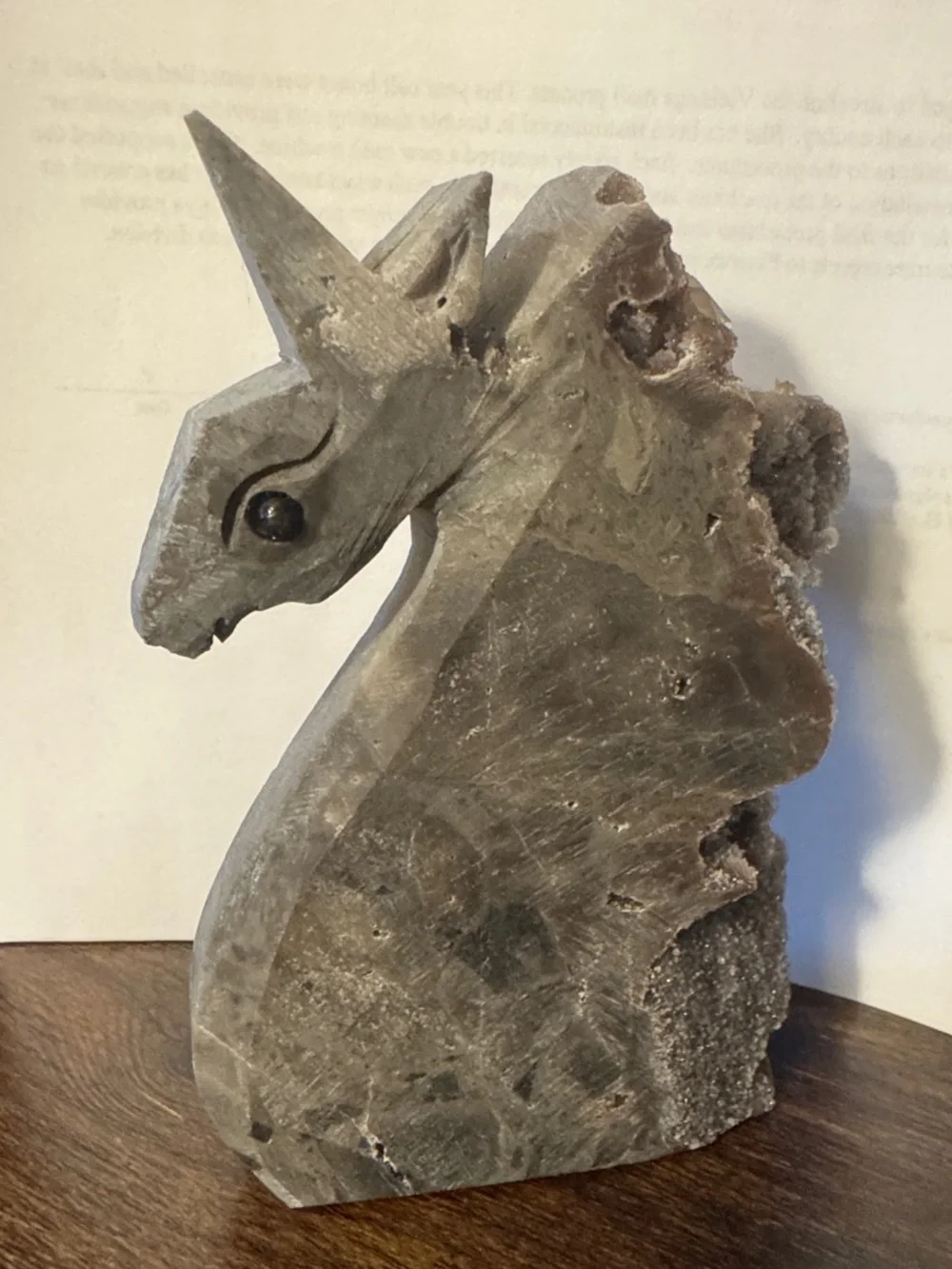 Handcarved Amethyst Unicorn Geode Sculpture in Purple/Grey